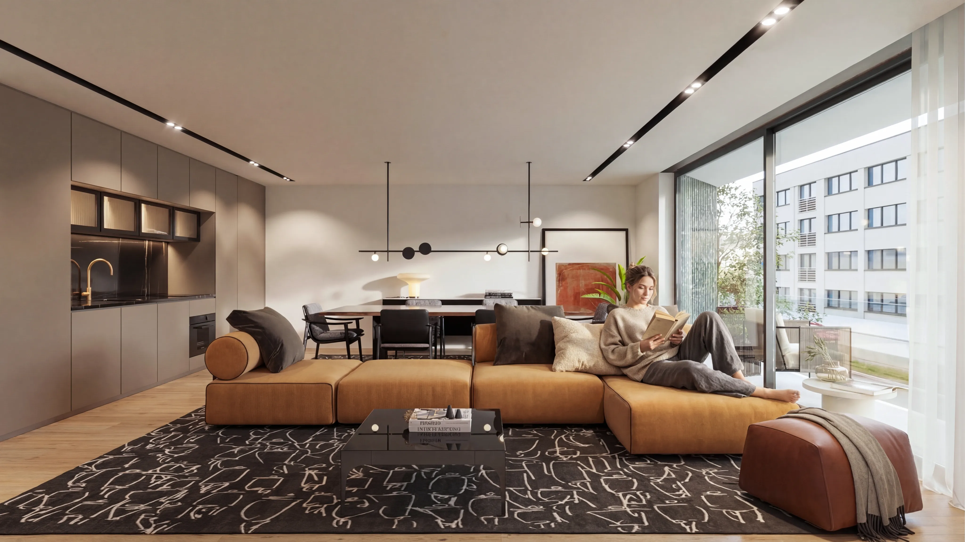 Blend.26 — render interior de sala de estar ampla e luminosa