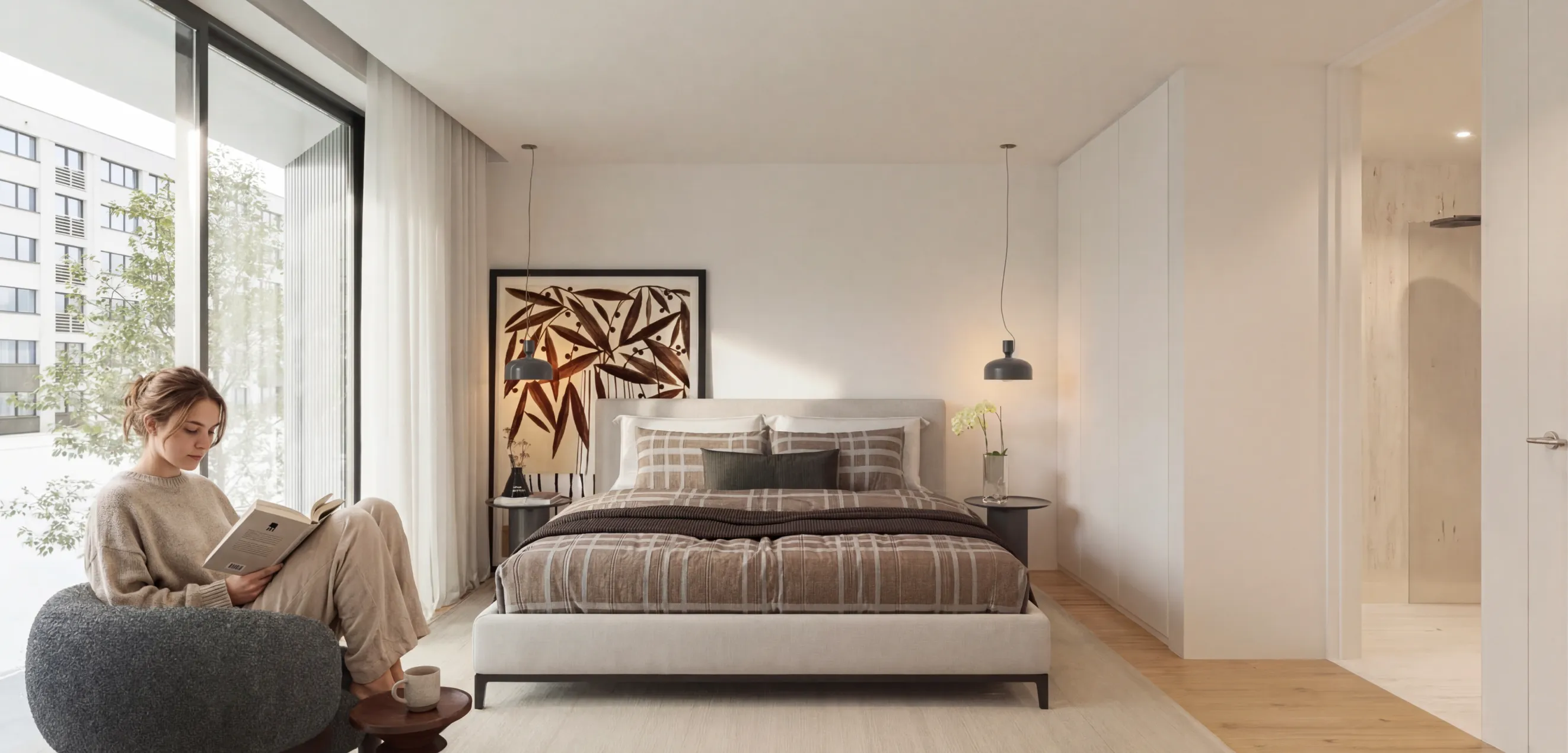 Interior do Blend.26 — quarto contemporâneo com acabamentos de qualidade